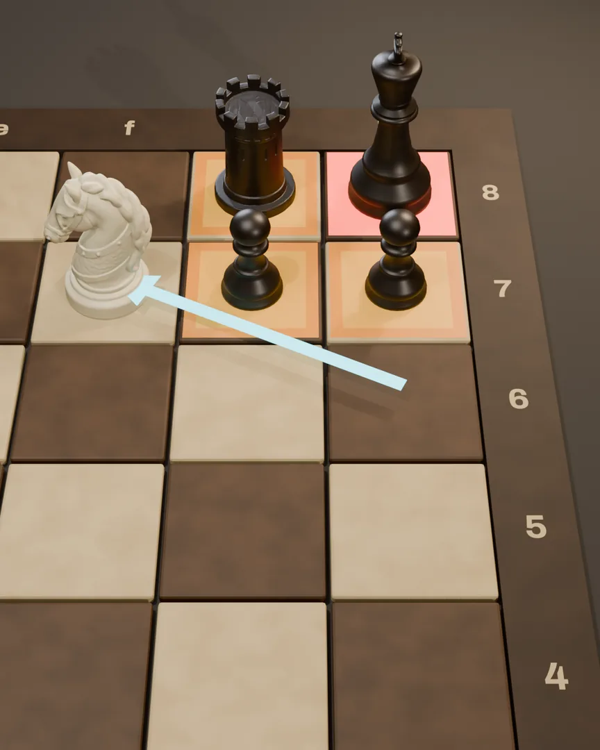 Close view of a wooden chessboard: the white knight has just jumped to f7, the black king on h8 sits on a red square, and gold frames mark g8, g7 and h7, the squares his own rook and pawns block.